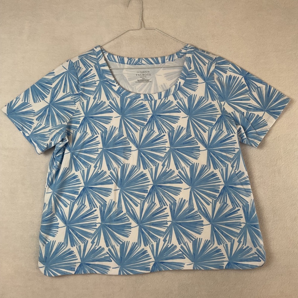 Talbots Plus Petite 2XP Blue White Palm Floral Short Sleeve Cotton Stretch Tee